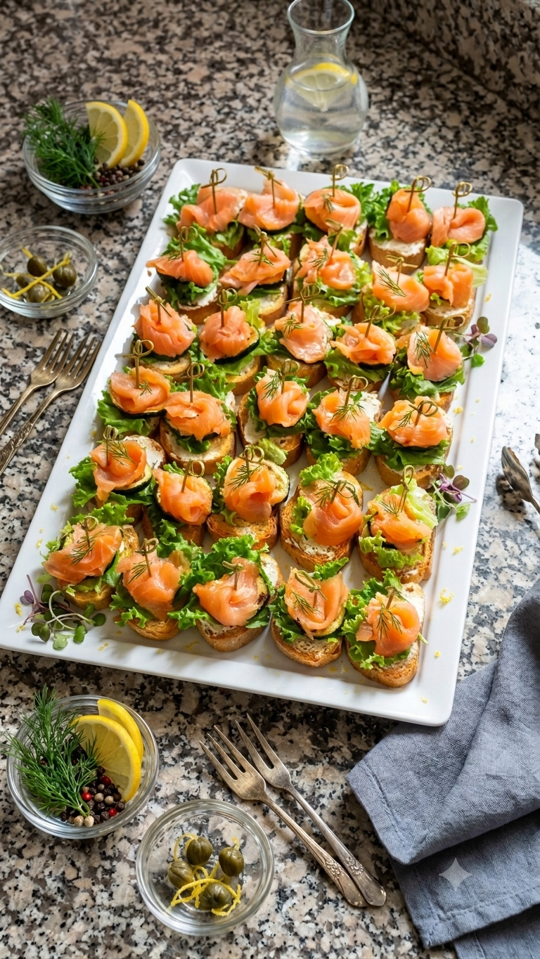 Lachs-Canapés mit Dill und Zitrone auf Antipasti-Platte